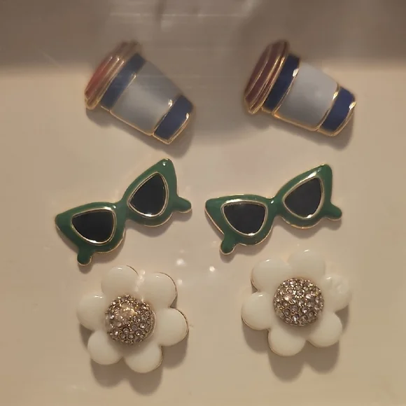 Nwt 3 Pairs Kate Spade Earrings Set - Blue, Green, White - Picture 2 of 3